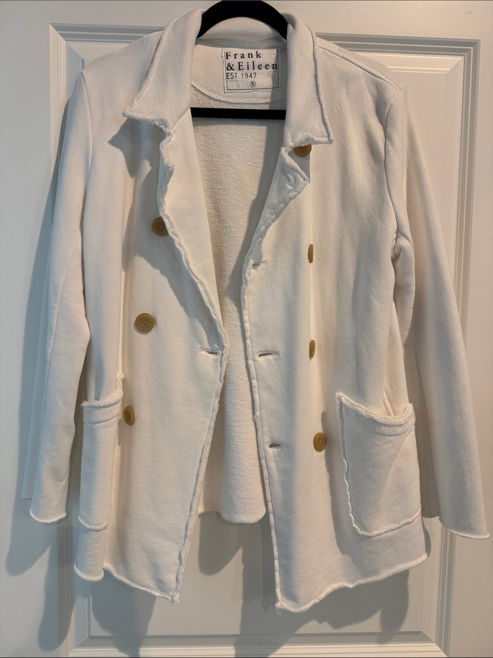 Frank & Eileen Ivory Double-Breasted Frayed-Edge Blazer